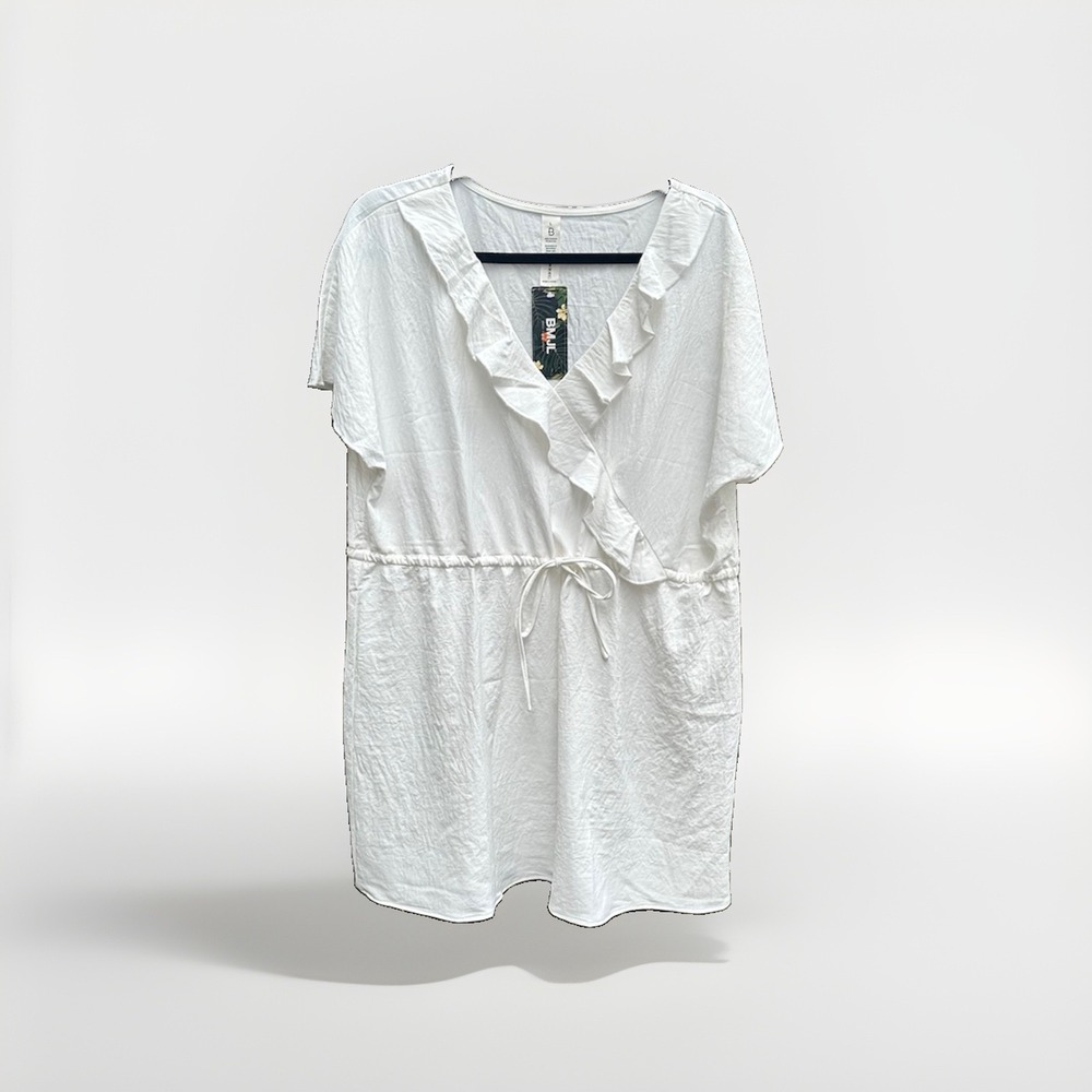 BMJL‎ White Ruffle V-Neck Swim Cover Up Dress Drawstring Waist Large NWT
